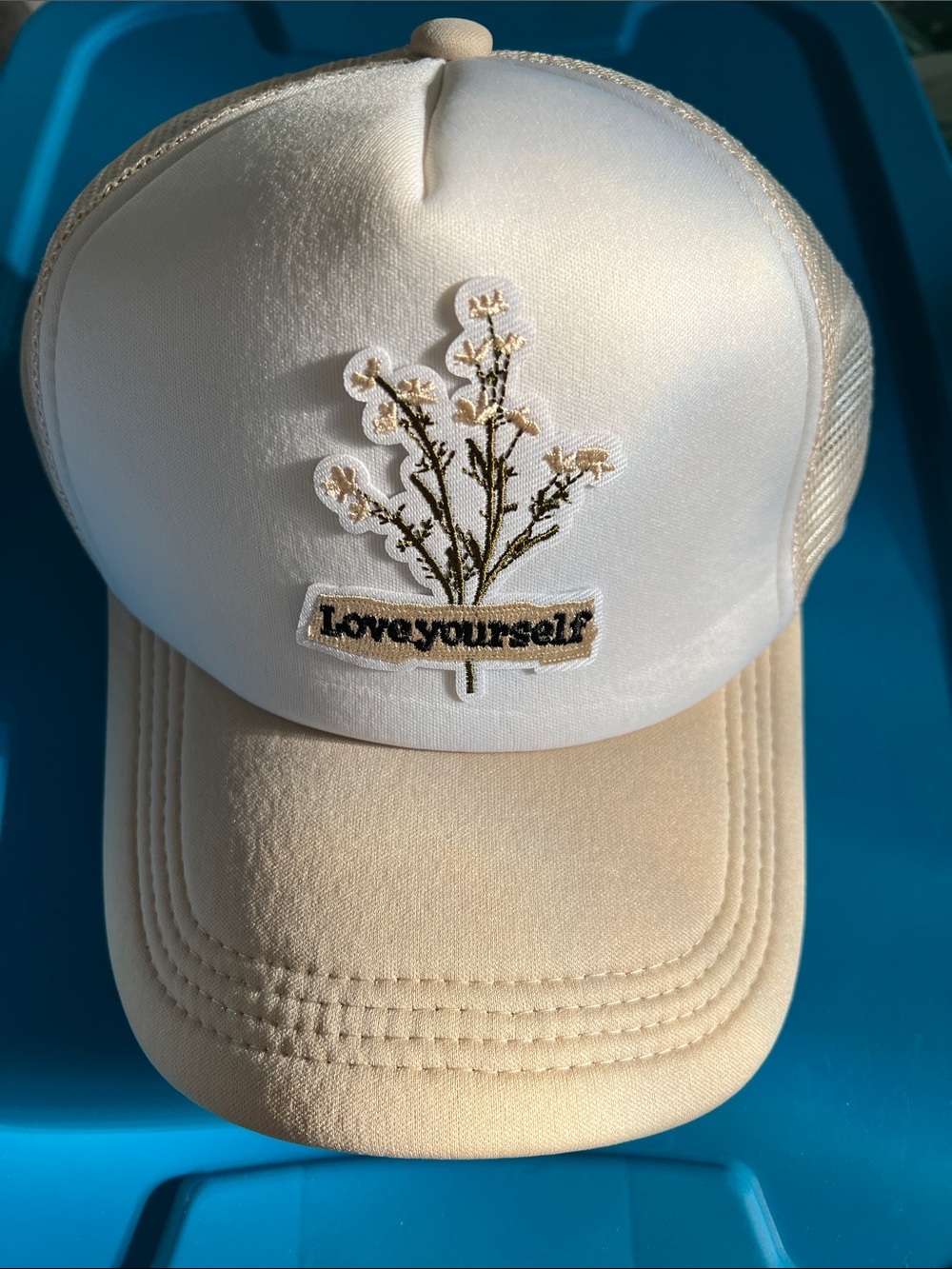 Love Yourself Embroidered Flower Trucker Hat - Cream/White Adjustable One Size